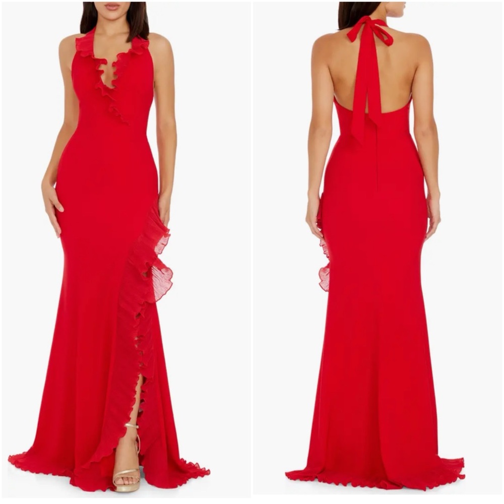 Dress the Population Red Ruffled Halter Maxi Dress